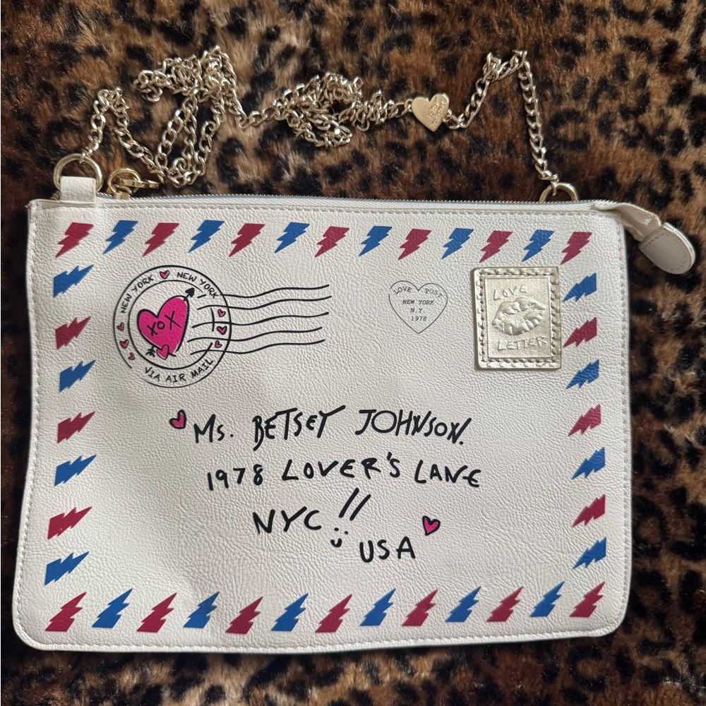Betsey Johnson White Airmail Clutch with Chain Strap